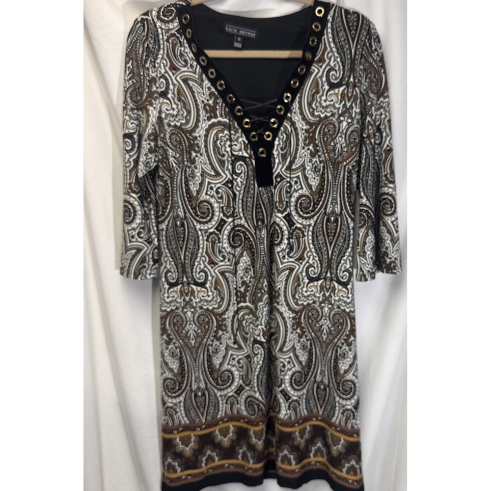 Y2K‎ Karin Stevens Women's 10 3/4 sleeve Sheath Eyelet Gromet Paisley Lace Up